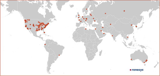 Renesys map of points where Internet traffic was captured and redirected