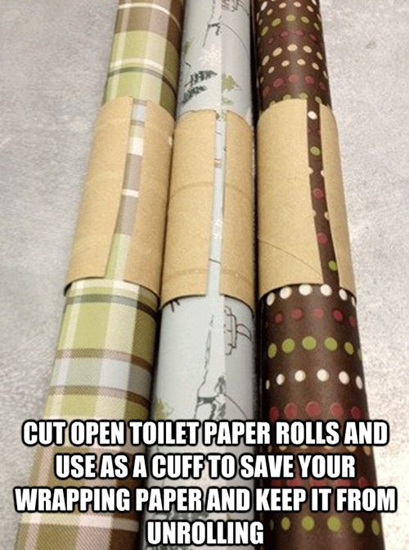 Use slit toilet paper rolls as cuff to keep wrapping paper wound