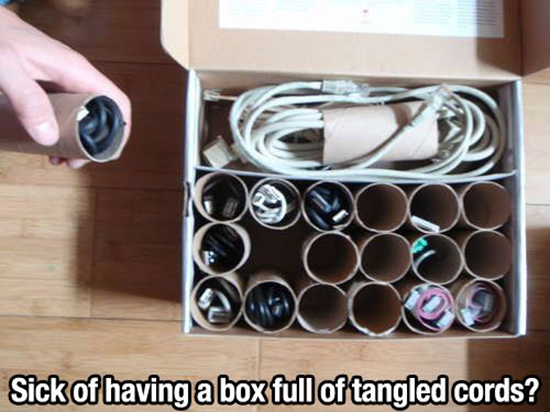 Store tangled cords in old paper towel rolls