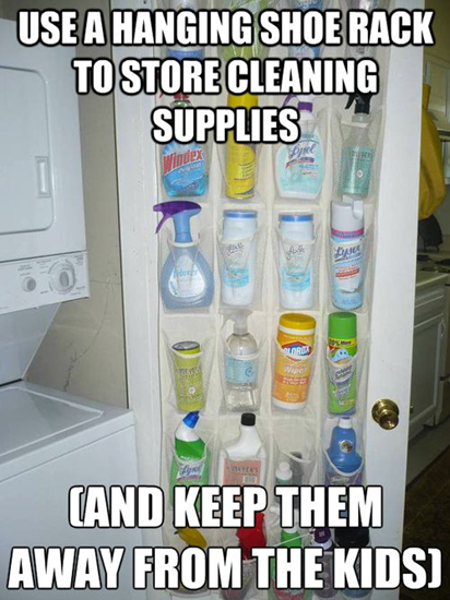 Use hanging shoe rack to organize cleaning supplies