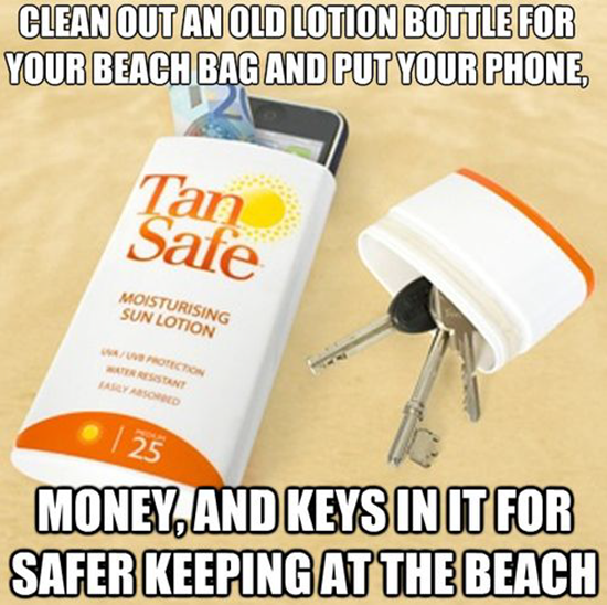 Empty suntan lotion bottle for securing personal items at beach