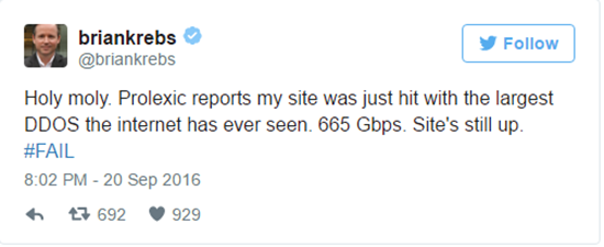 Security researcher Brian Krebs' website hit with largest ever DDoS attack–665 Gbps!